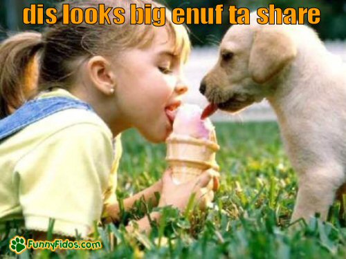 puppy sneaking a like of girls ice cream