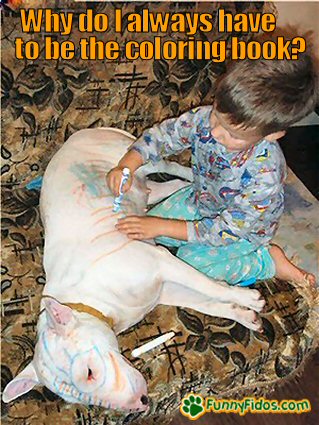 kid using the dog as a coloring book